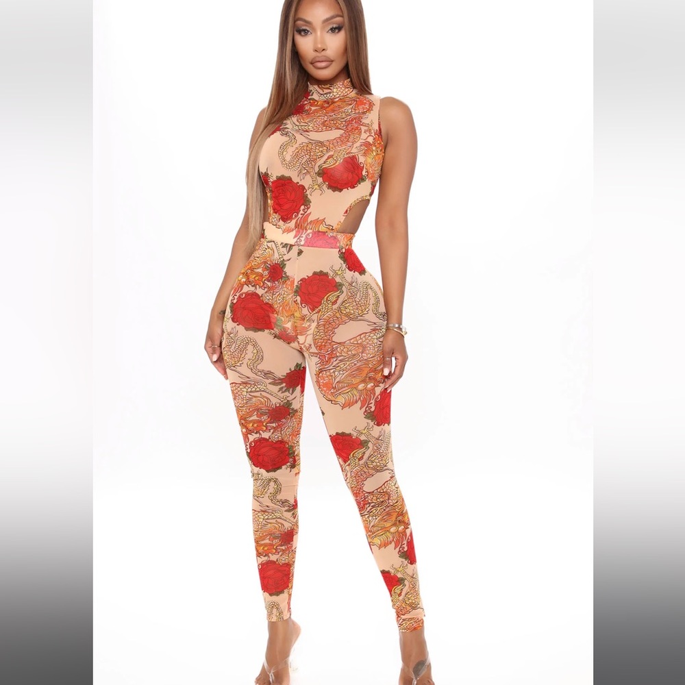 FashionNova Printed Mesh Jumpsuit - Size XL